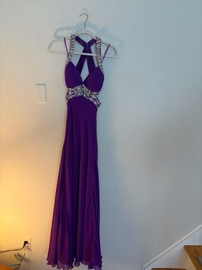 Faviana Purple Beaded Crystal Prom Gown Size 6 Open Back Formal Dress